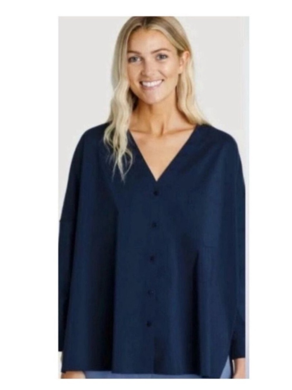 Kit And Ace Oversized Boxy Vneck Button Down Top Blouse Shirt Navy Size M
